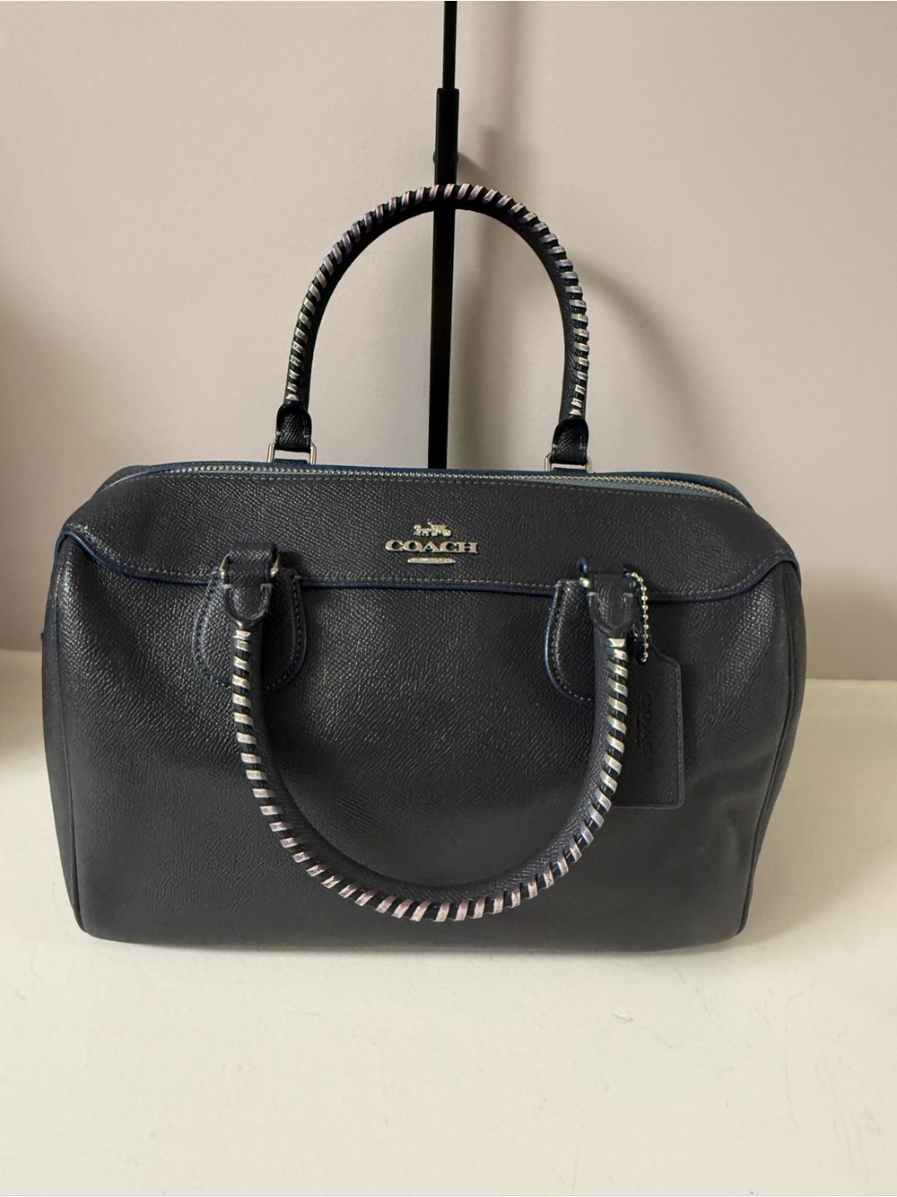 Coach Navy Pebbled Leather Satchel with whipstitch Top Handles!